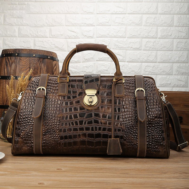 Crocodile Patterned Leather Travel Duffel Weekender Bag