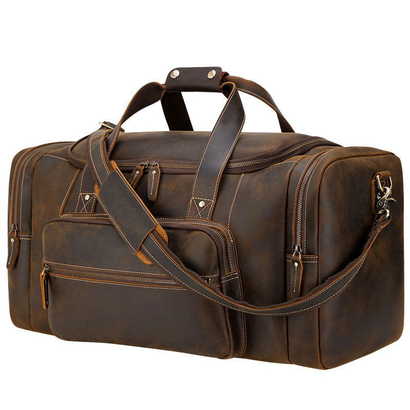 Brown Leather Travel Weekender Bag with Front Pocket
