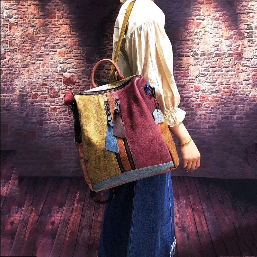 Retro Color Block Handbag Genuine Leather Backpack for Women