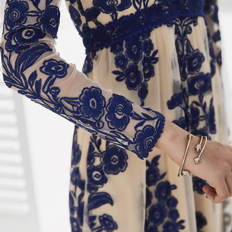 Embroidery Lace Sheer Long Sleeve Deep V Neck Boho Bohemian Beach Dress Gown