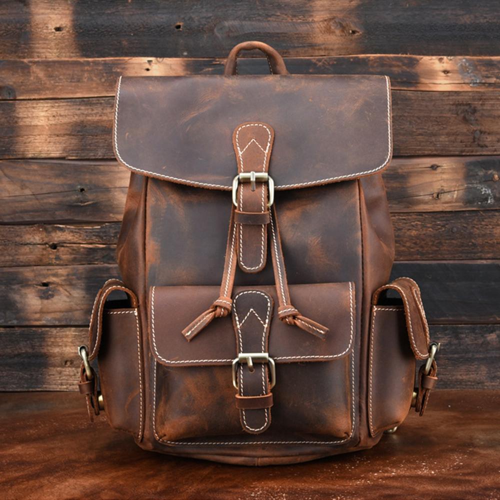 Handmade Pockets Leather School Backpack