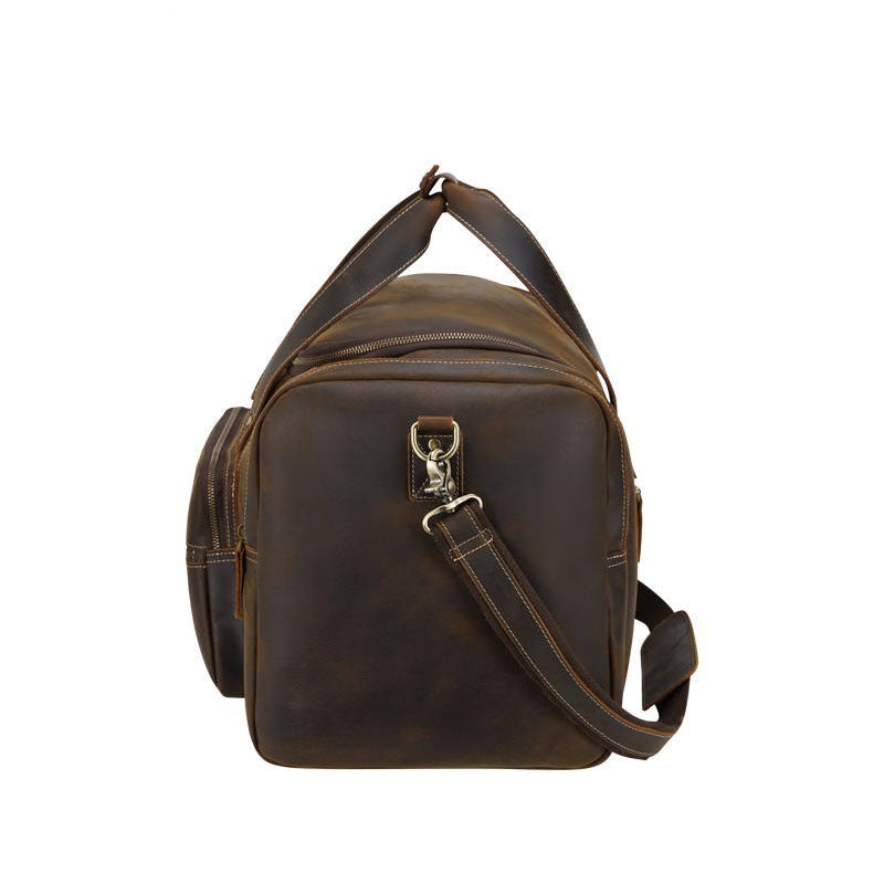 Brown Leather Travel Weekender Bag with Front Pocket
