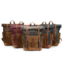 Load image into Gallery viewer, Waterproof College Weekend Travel Laptops Waxed Canvas Leather Roll top Backpack
