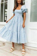 Load image into Gallery viewer, Plaid Square Neck Puff Sleeve Midi Dress
