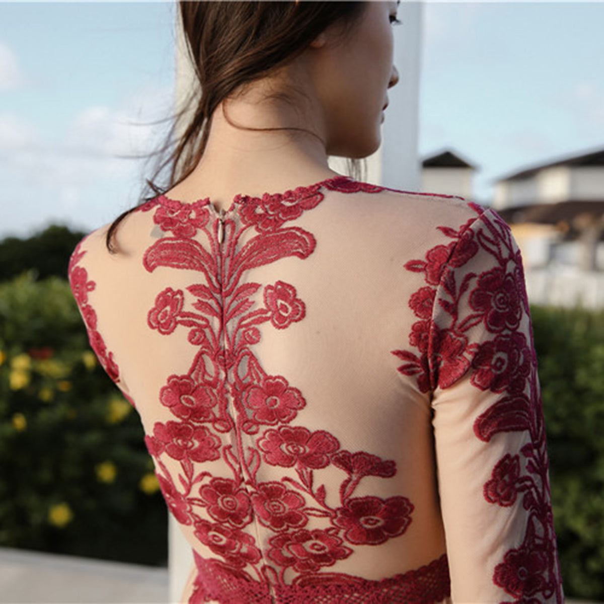 Embroidery Lace Sheer Long Sleeve Deep V Neck Boho Bohemian Beach Dress Gown