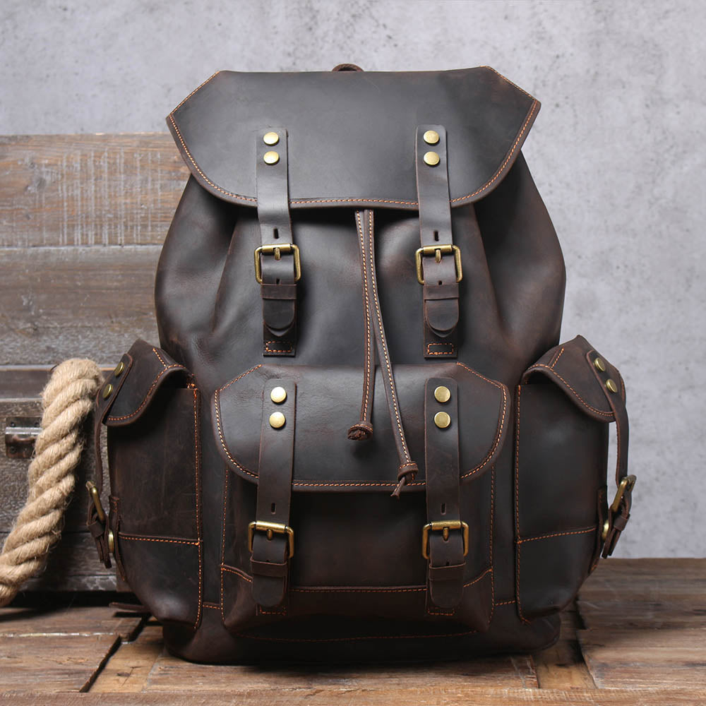 Dark Coffee Leather Full Grain School Backpack