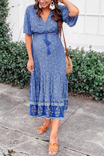 Load image into Gallery viewer, Blue Boho Floral Print Short Sleeve Maxi Dress

