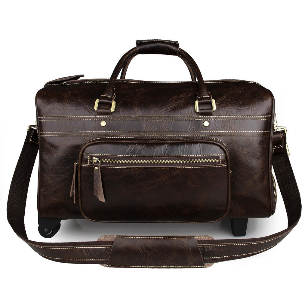 Coffee Leather Trolley Bag Carry on