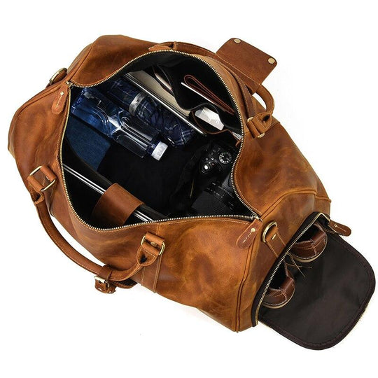 Travel Weekender Leather Duffel Bag With Shoe Pocket