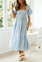 Load image into Gallery viewer, Plaid Square Neck Puff Sleeve Midi Dress
