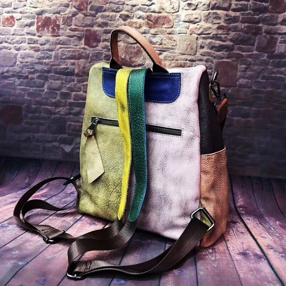 Retro Color Block Handbag Genuine Leather Backpack for Women