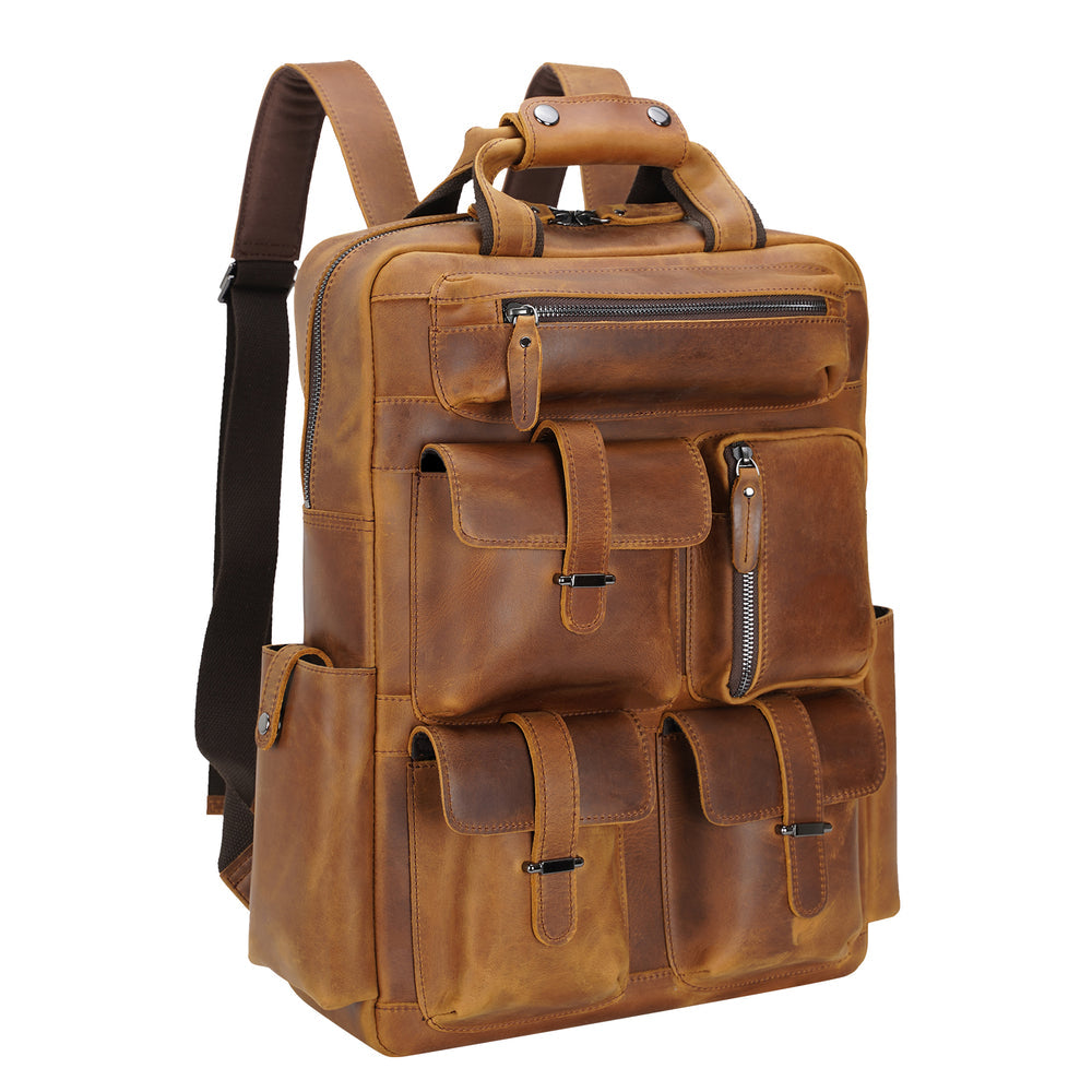 Cowhide Leather Multiple Laptop School Backpack Day pack Travel Bag Satchel with Zippers