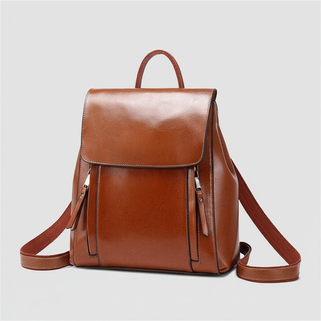 Double Zipper Top Grain Leather Backpack for Women Female Lether Designer Backpack Stylish School Backpack Shoulder Bags