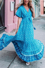 Load image into Gallery viewer, Blue Boho Floral Print Short Sleeve Maxi Dress
