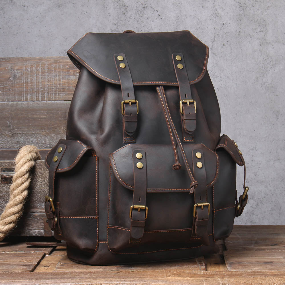 Dark Coffee Leather Full Grain School Backpack