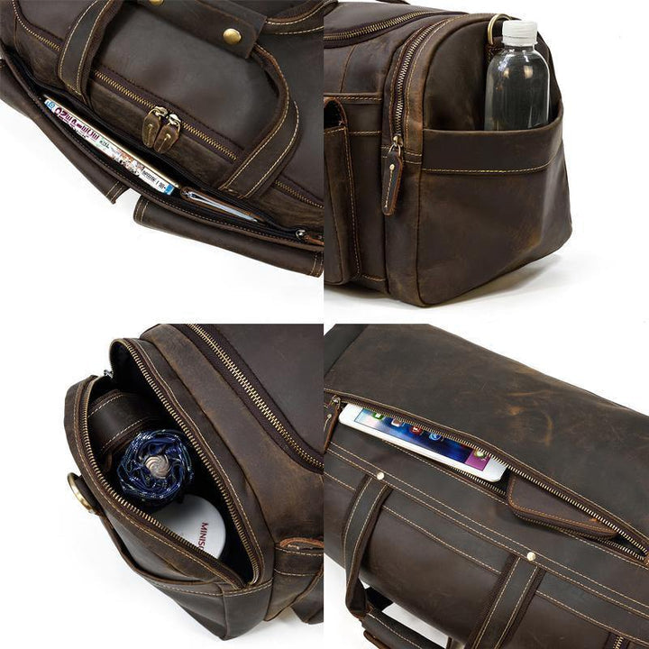 Dark Brown Full Grain Leather Travel Weekender Duffel Bag