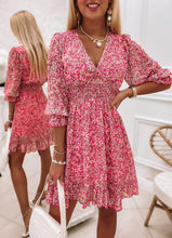 Load image into Gallery viewer, Pink Floral Shirred Ruffle Mini Dress
