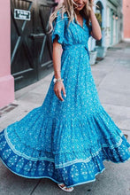 Load image into Gallery viewer, Blue Boho Floral Print Short Sleeve Maxi Dress
