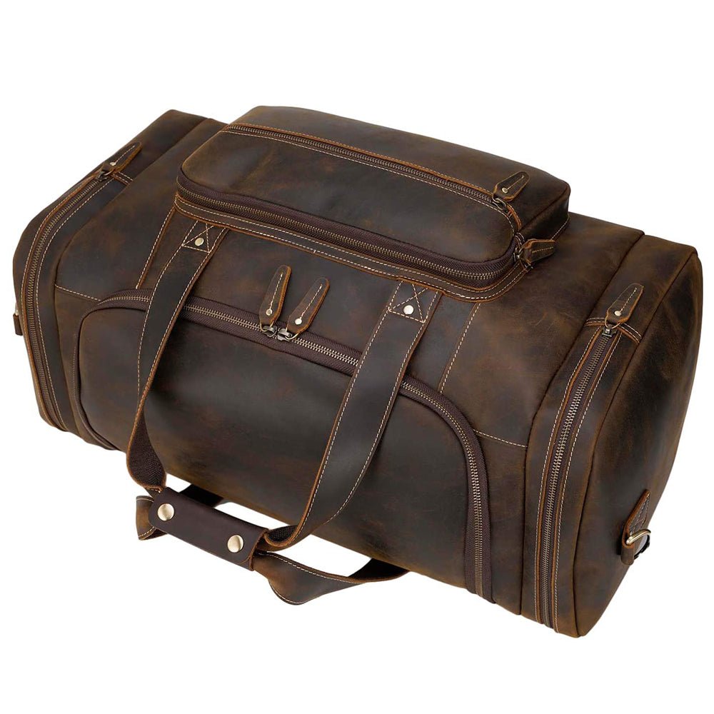 Brown Leather Travel Weekender Bag with Front Pocket