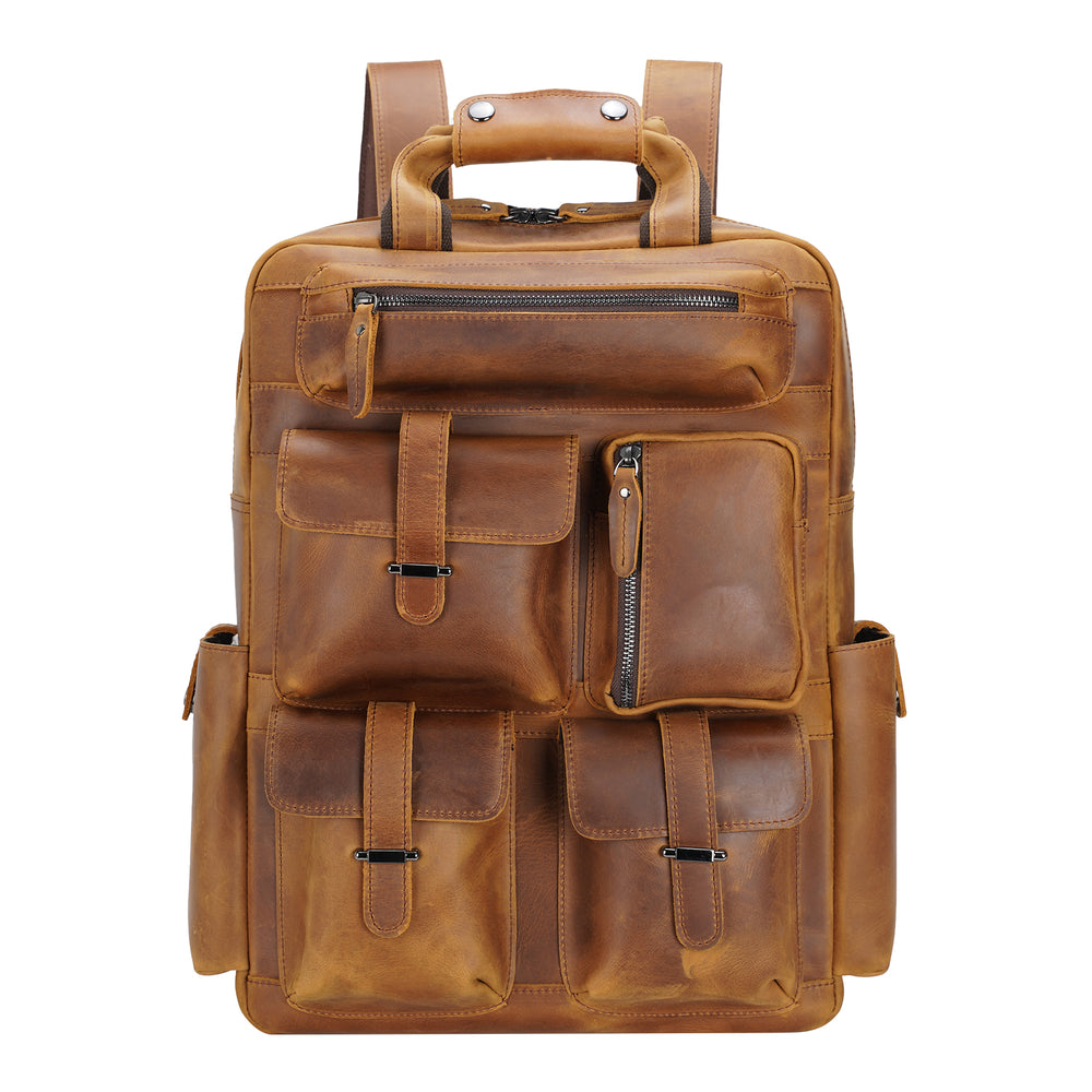 Cowhide Leather Multiple Laptop School Backpack Day pack Travel Bag Satchel with Zippers