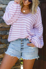 Load image into Gallery viewer, Oversized Stripe V Neck Puff Sleeve Sweater
