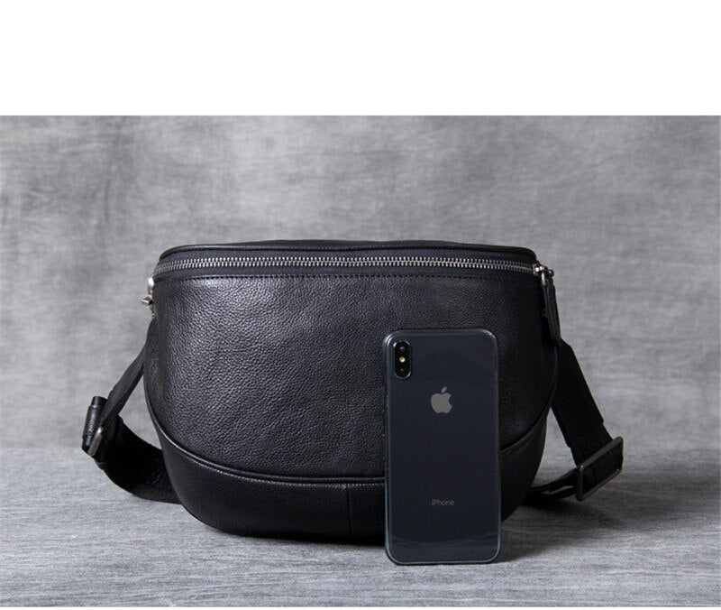 Black Leather Crossbody Sling Bag for Men
