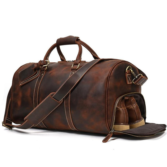 Travel Weekender Leather Duffel Bag With Shoe Pocket