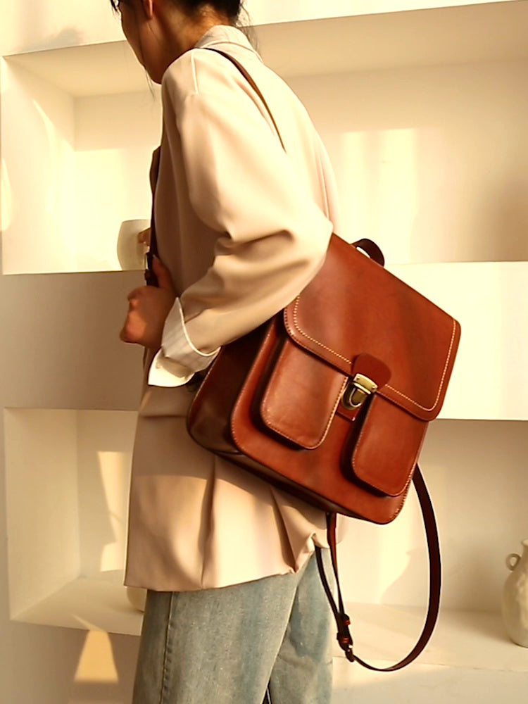 Vintage Brown School Leather Backback For Women