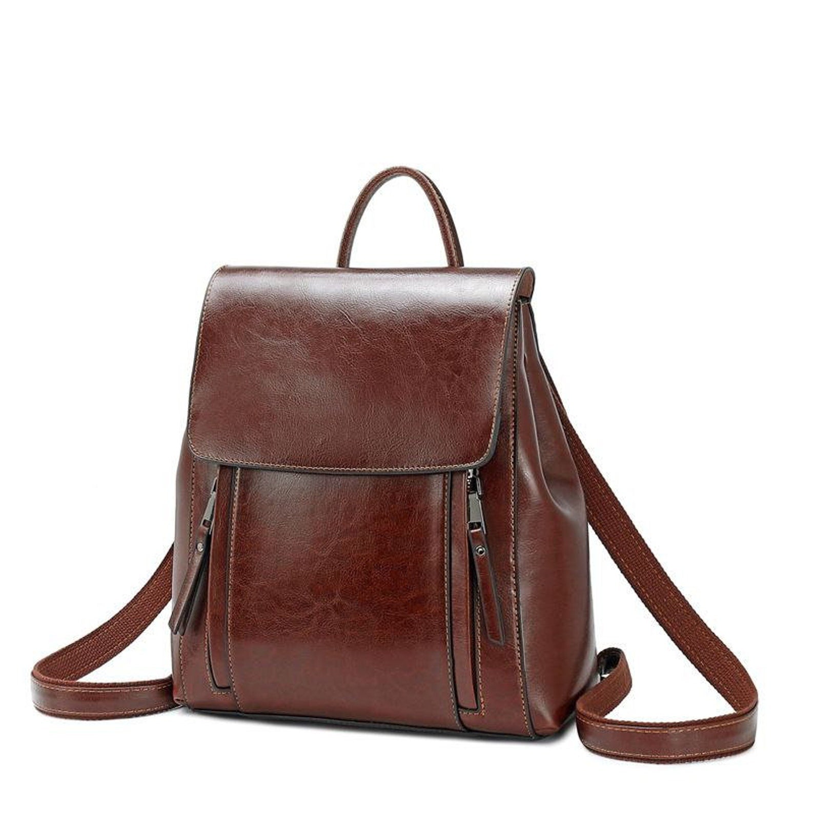 Double Zipper Top Grain Leather Backpack for Women Female Lether Designer Backpack Stylish School Backpack Shoulder Bags