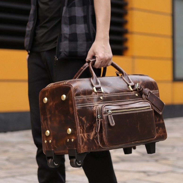 Coffee Leather Trolley Bag Carry on