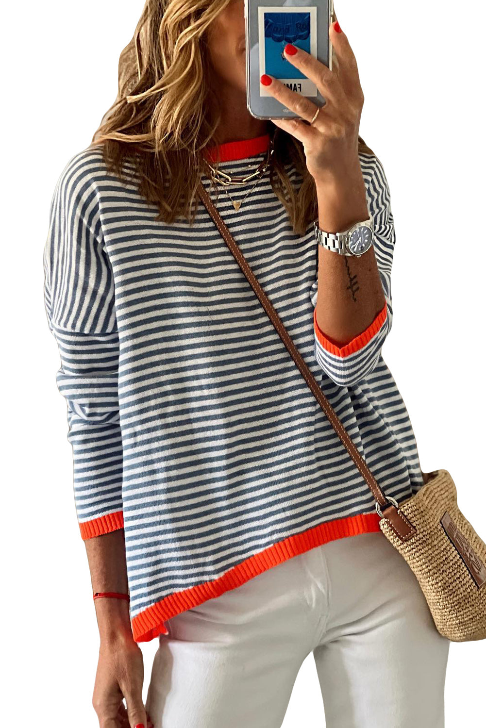 Contrast Trimmed Striped Drop Shoulder Sweater