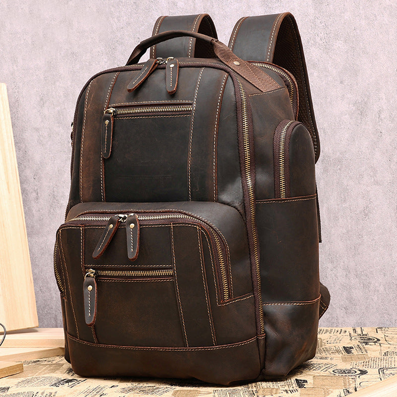 Men's Vintage Full Grain Leather 15.6 Inch Laptop School Backpack Camping Travel 24L Rucksack