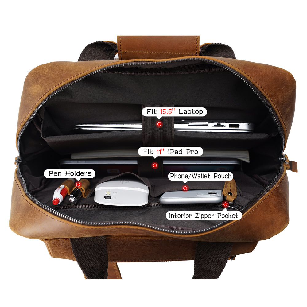 Cowhide Leather Multiple Laptop School Backpack Day pack Travel Bag Satchel with Zippers