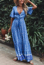 Load image into Gallery viewer, Blue Boho Floral Print Short Sleeve Maxi Dress
