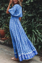 Load image into Gallery viewer, Blue Boho Floral Print Short Sleeve Maxi Dress
