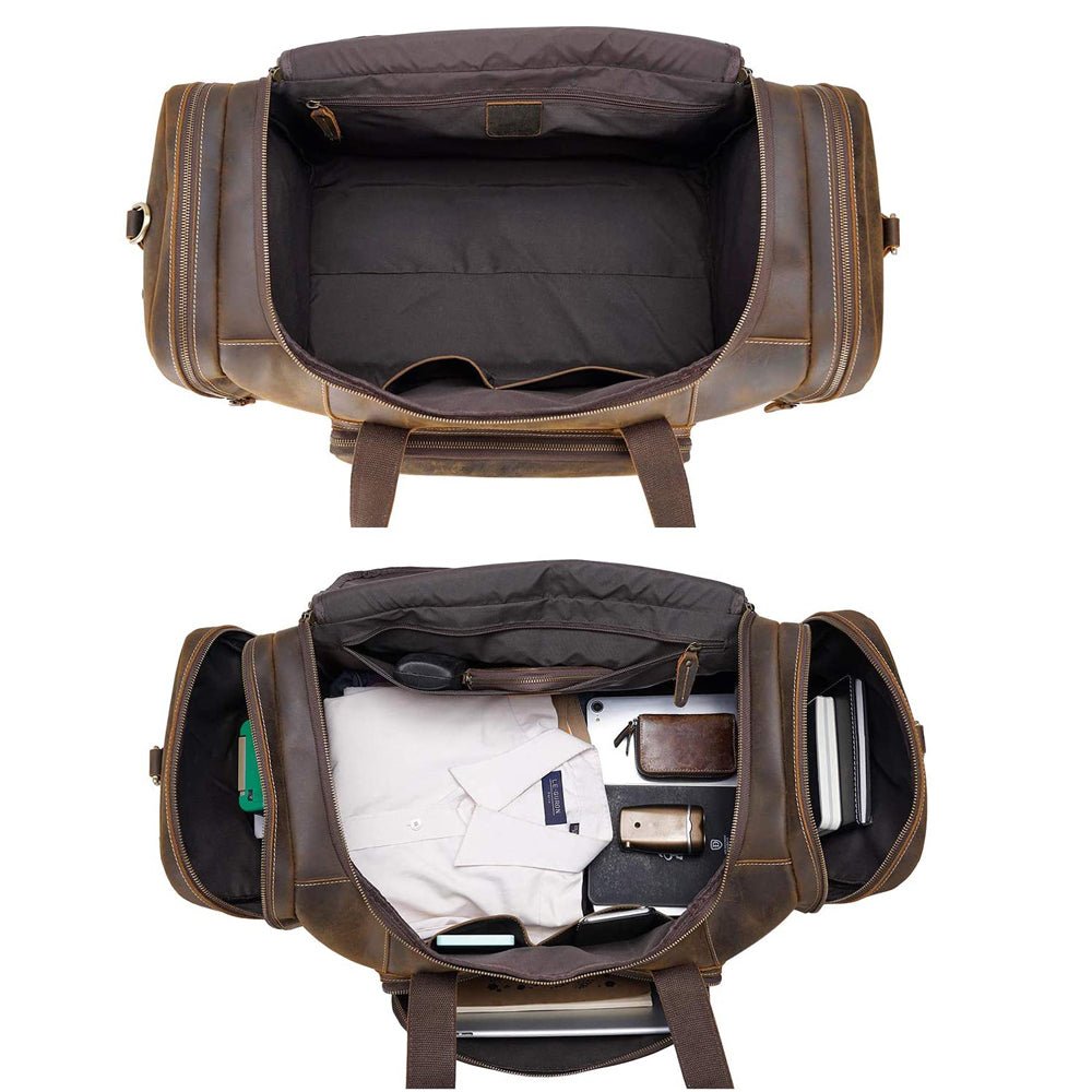 Brown Leather Travel Weekender Bag with Front Pocket