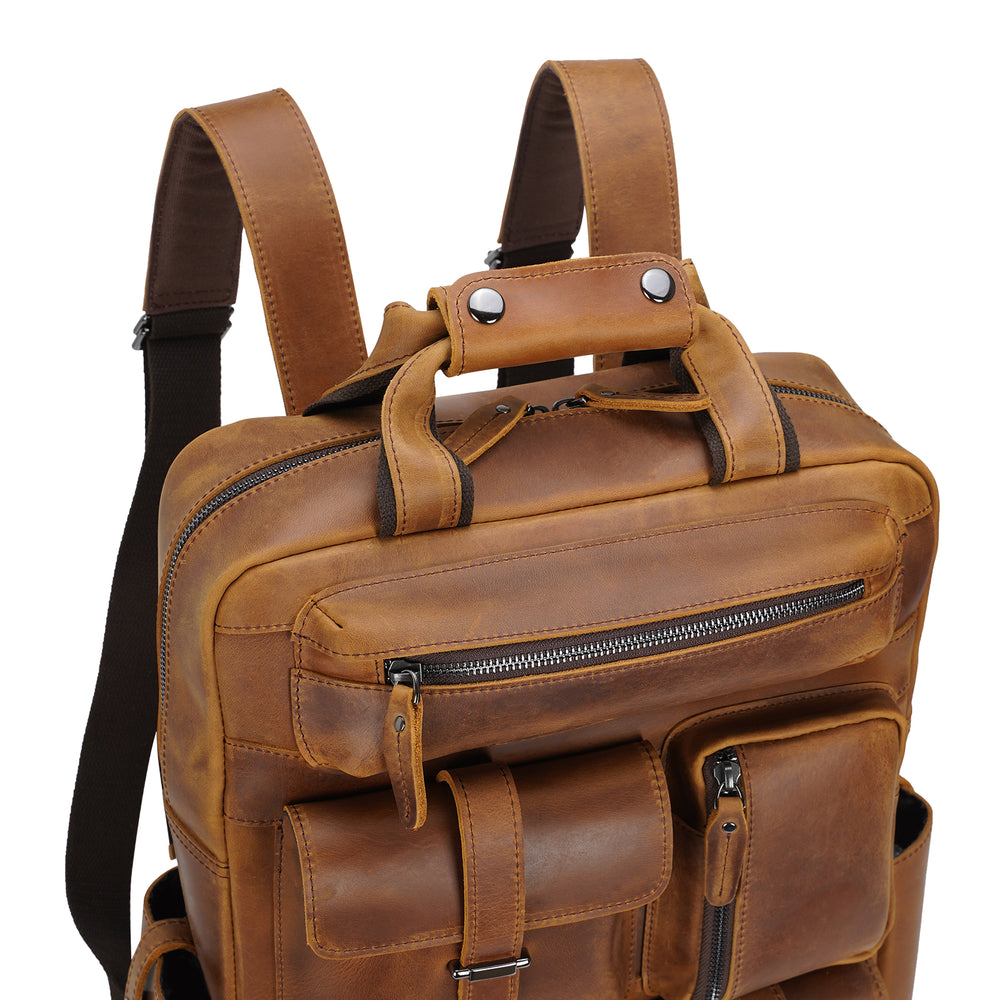 Cowhide Leather Multiple Laptop School Backpack Day pack Travel Bag Satchel with Zippers
