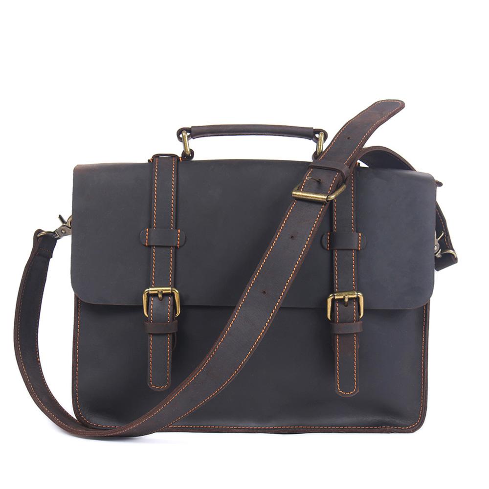 Coffee Leather Laptop Shoulder Bag