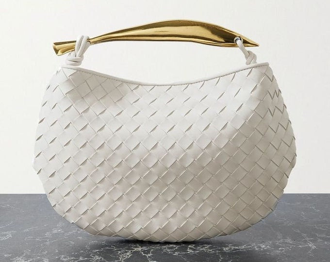 Women Genuine Leather Handbag Fashion Designer Luxury Handle Metal Handbag Soft Leather Evening Woven Bag Clutch Purse