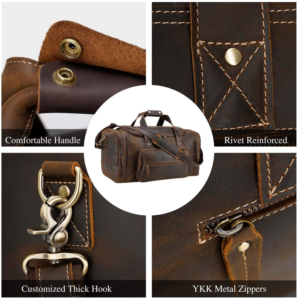 Brown Leather Travel Weekender Bag with Front Pocket