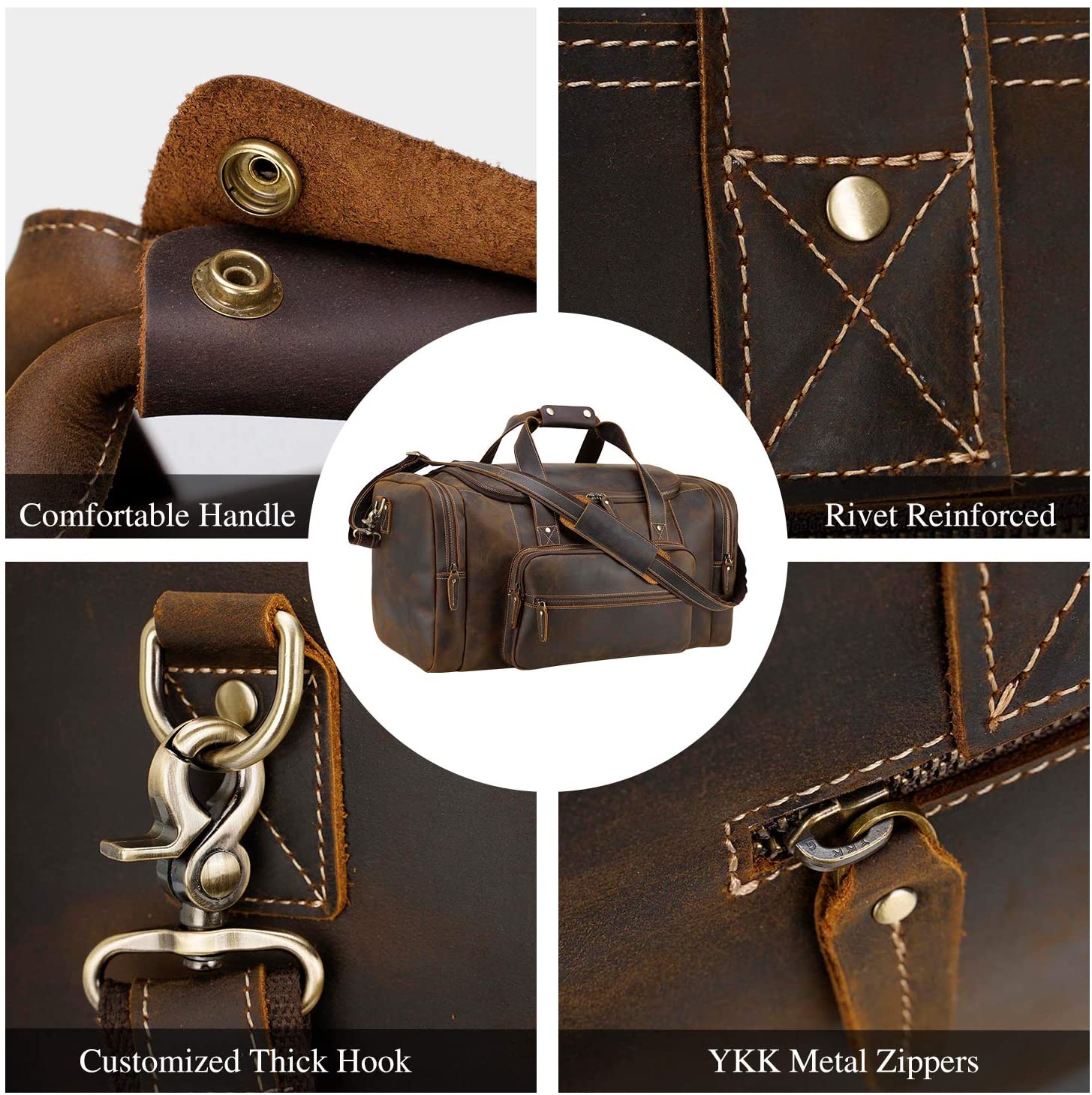 Brown Leather Travel Weekender Bag with Front Pocket