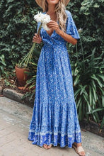 Load image into Gallery viewer, Blue Boho Floral Print Short Sleeve Maxi Dress
