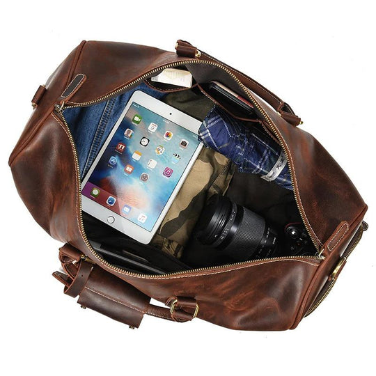 Travel Weekender Leather Duffel Bag With Shoe Pocket