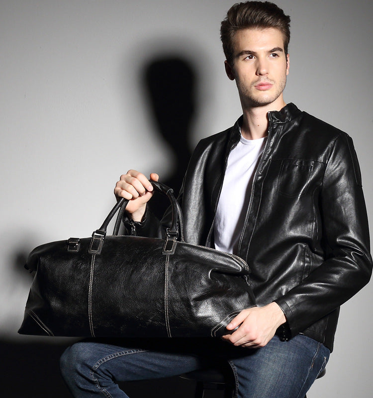 Black Full Grain Travel Weekender Duffel Bag for Men