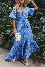 Load image into Gallery viewer, Blue Boho Floral Print Short Sleeve Maxi Dress
