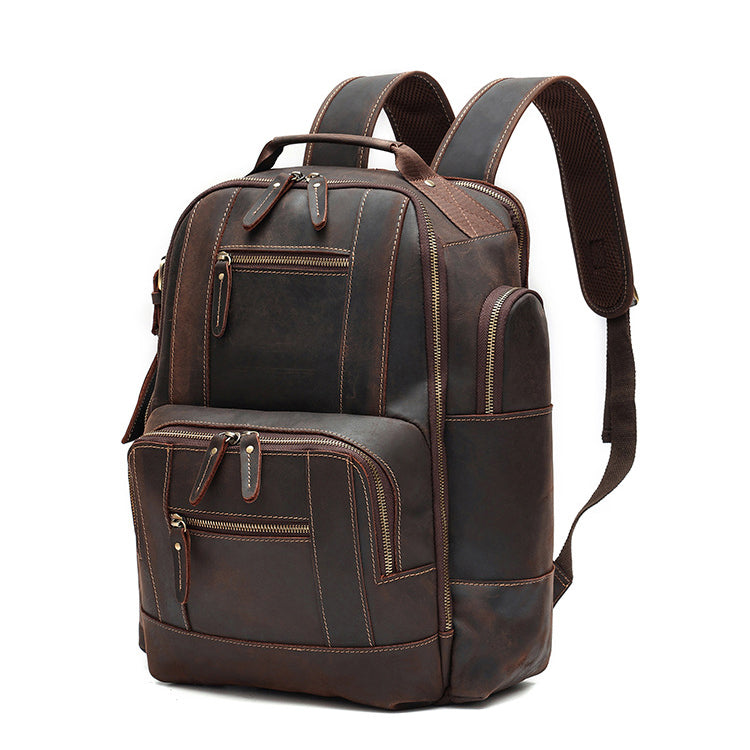 Men's Vintage Full Grain Leather 15.6 Inch Laptop School Backpack Camping Travel 24L Rucksack
