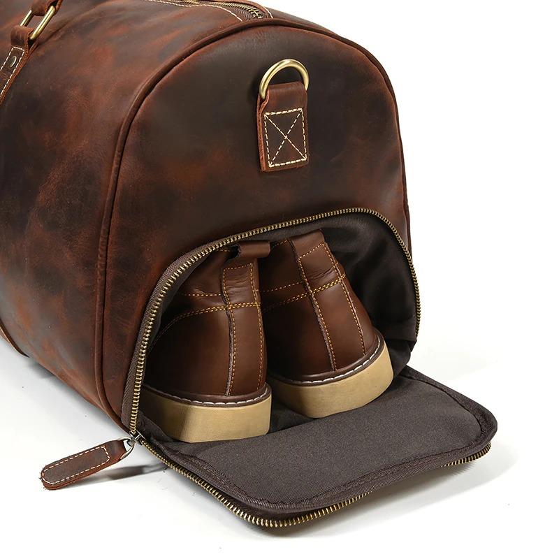 Travel Weekender Leather Duffel Bag With Shoe Pocket
