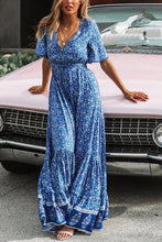 Load image into Gallery viewer, Blue Boho Floral Print Short Sleeve Maxi Dress
