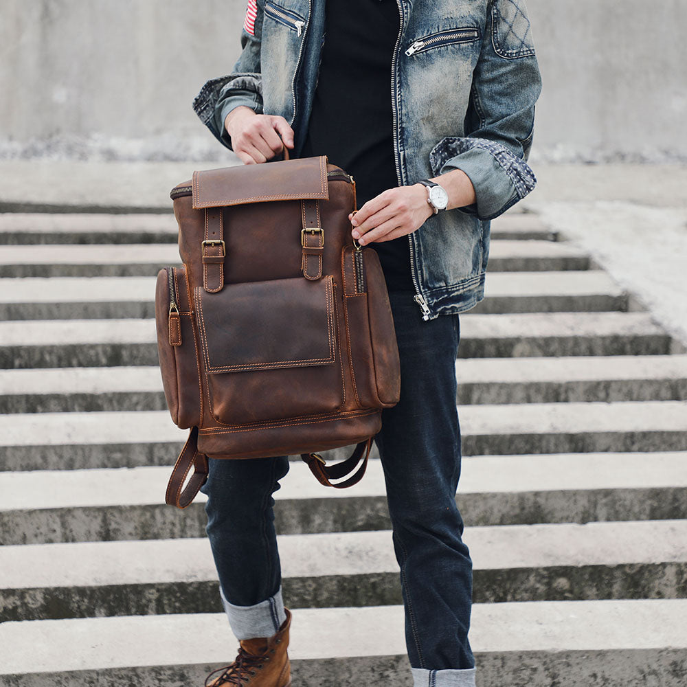 Large Brown Leather School Backpack