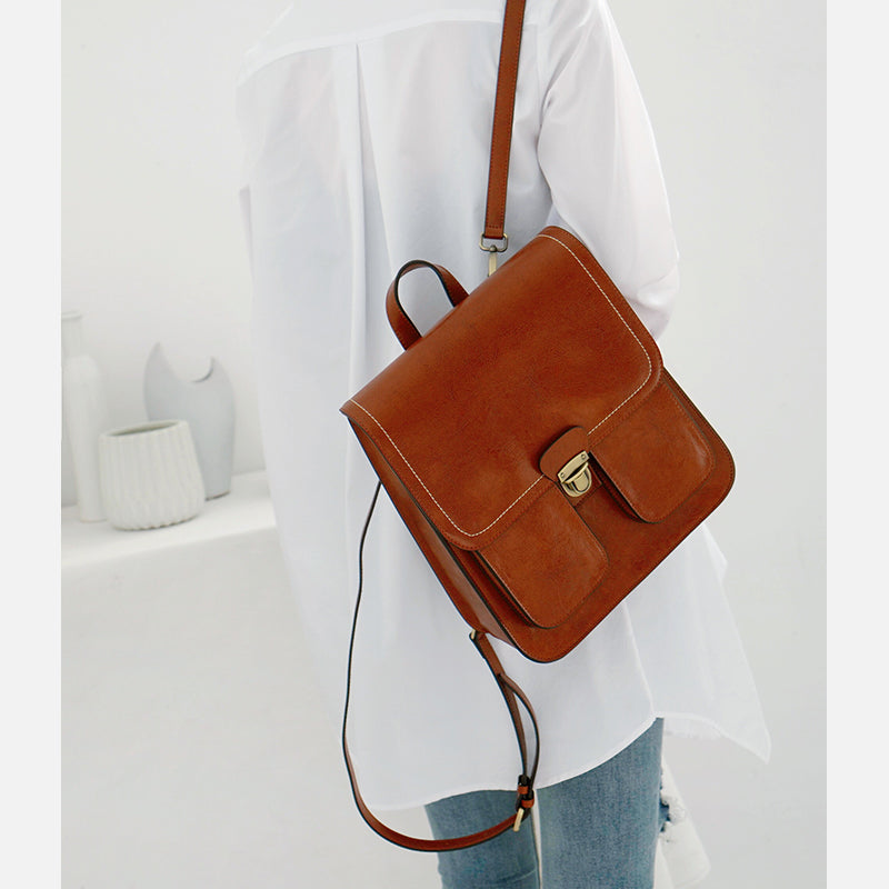 Vintage Brown School Leather Backback For Women